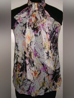 Zara Abstract Print Sleeveless Tie-Neck Womens Top Multi Color Sz S